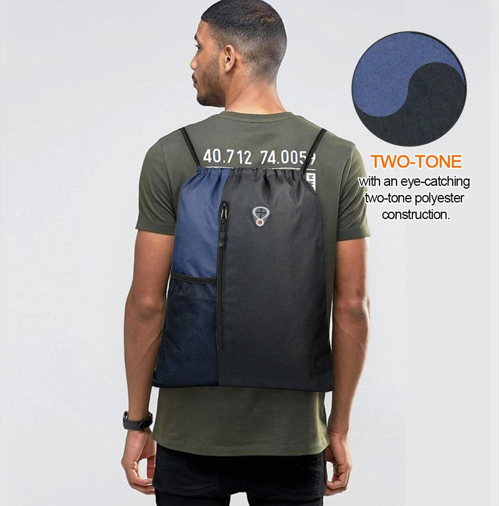 Drawstring Backpack Sports Gym Bag for Women Men Large Cinch Sackpack with 2 Zipper Pockets and Water Bottle Mesh Pockets Black Navy